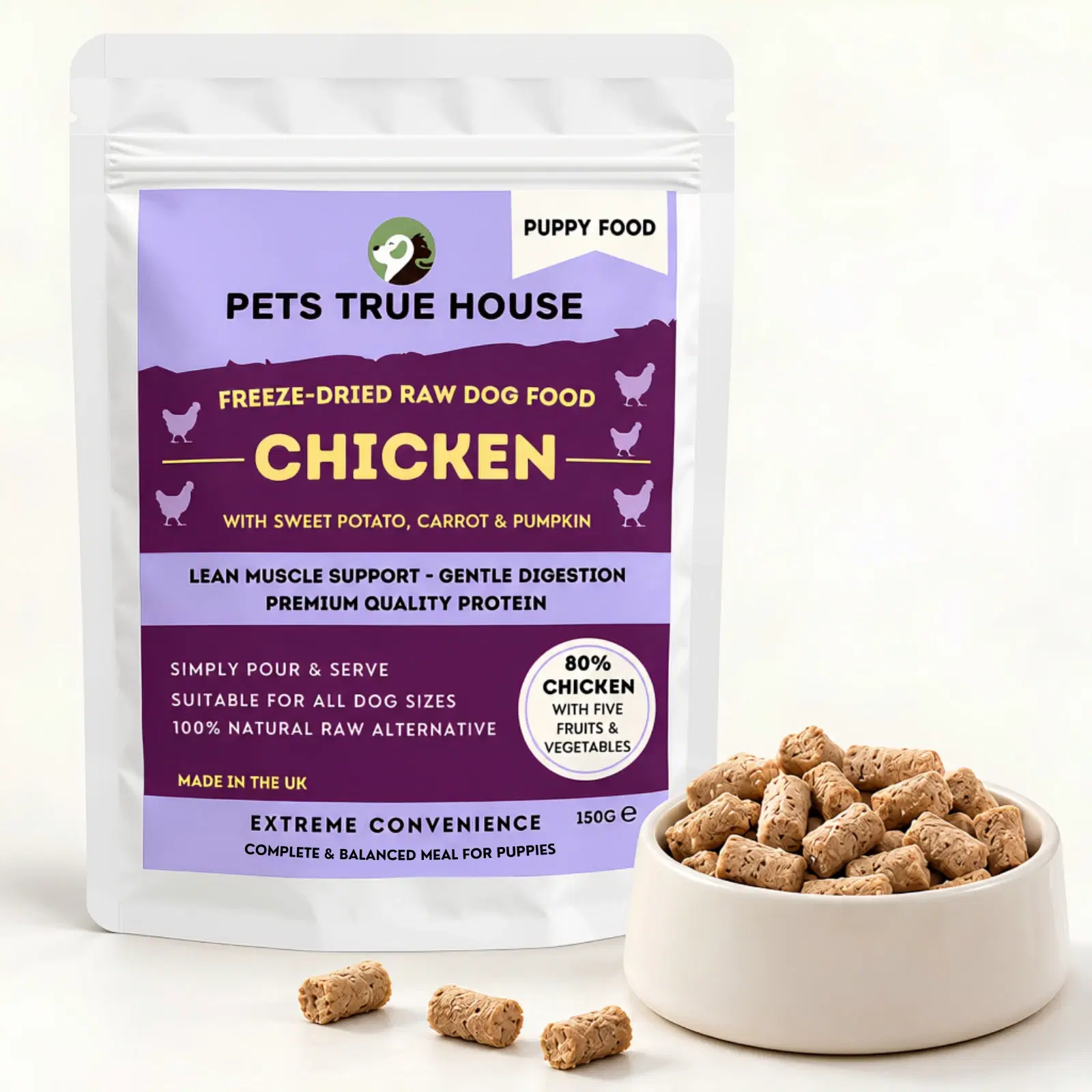 Pets True House Puppy Chicken food pouch beside a bowl of freeze-dried food